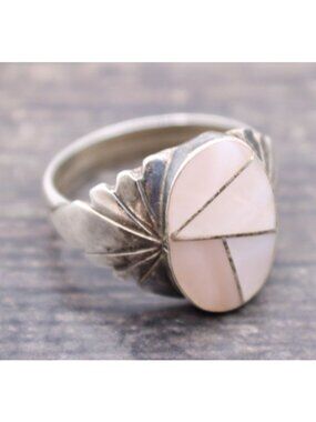 Sterling Silver Teme Channel Inlay MOP Mother of Pearl Ring 8.25 Native Amer SW